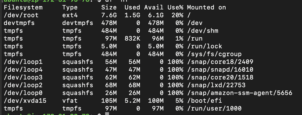 df -ht command output on EC2 Instance before starting modifying volume size process