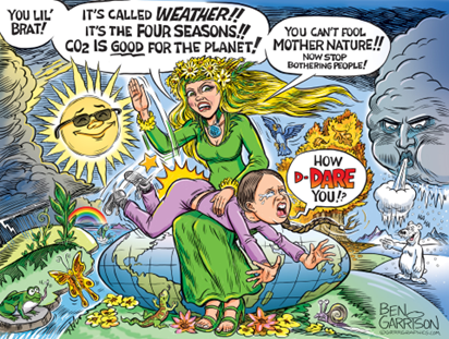 A cartoon depicting a “Mother Nature” figure sitting on the planet Earth, spanking a child and saying anti-climate change things.