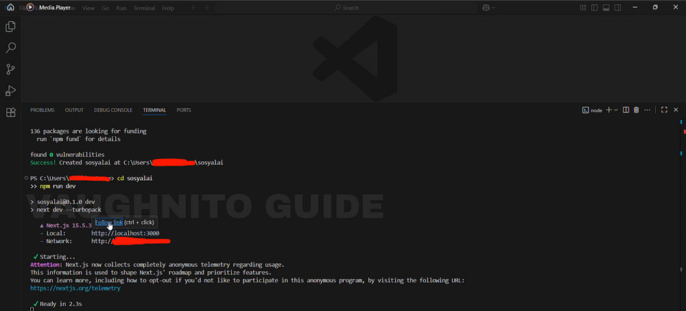 Terminal output confirming successful Nxt.js installation for a social post automation project.
