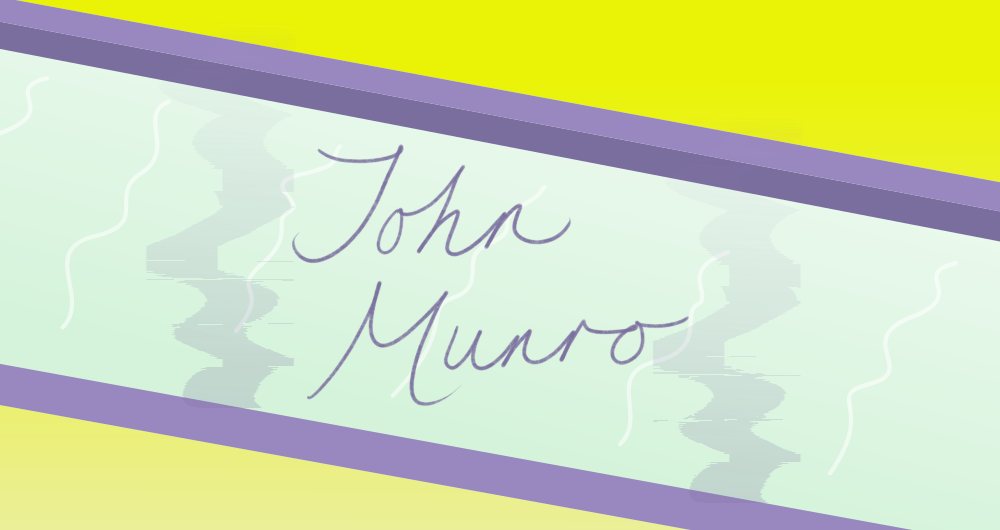 Text says “John Munro” in italic font, on a purple and yellow background