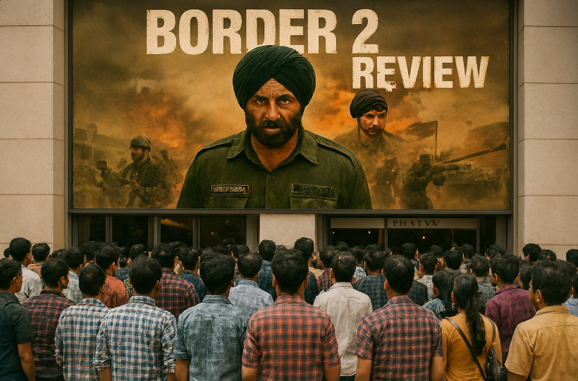 border 2 review box office collection. Crowds of enthusiastic moviegoers gather outside an Indian cinema hall to watch Border 2. The atmosphere is festive and energetic, with warm evening lighting and a buzz of anticipation.