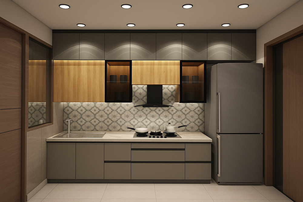 A sleek modular kitchen design featuring a balanced mix of matte grey and wooden cabinetry with under-cabinet lighting. The patterned backsplash tiles add a touch of elegance, complementing the modern chimney and neatly arranged countertop with a dual-burner cooktop. Overhead storage cabinets and glass-front shelves enhance functionality and style. A tall silver refrigerator completes the layout, creating a highly functional and aesthetically modern kitchen space.