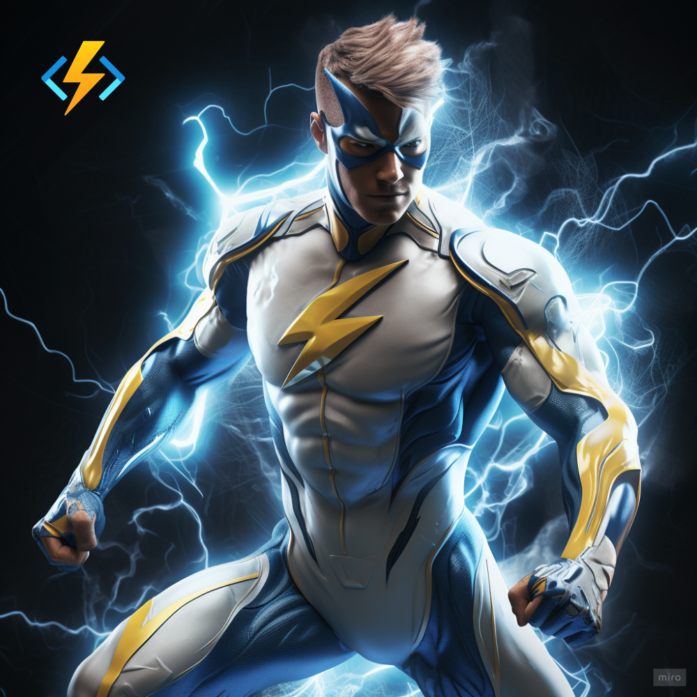 superhero, costume with blues and whites colors, a ‘yellow lightning’ symbol on the chest, athletic, agile, running, ultrarealistic