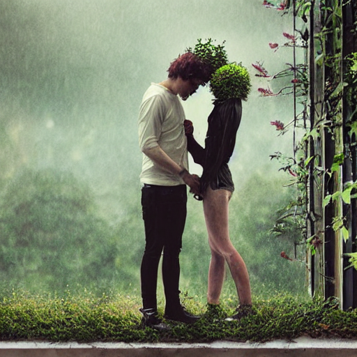 a couple holding hands with plants growing out of their heads, growth of a couple, rainy day, atmospheric, bokeh matte masterpiece by artgerm by wlop by alphonse muhca | stable-diffusion 1.4