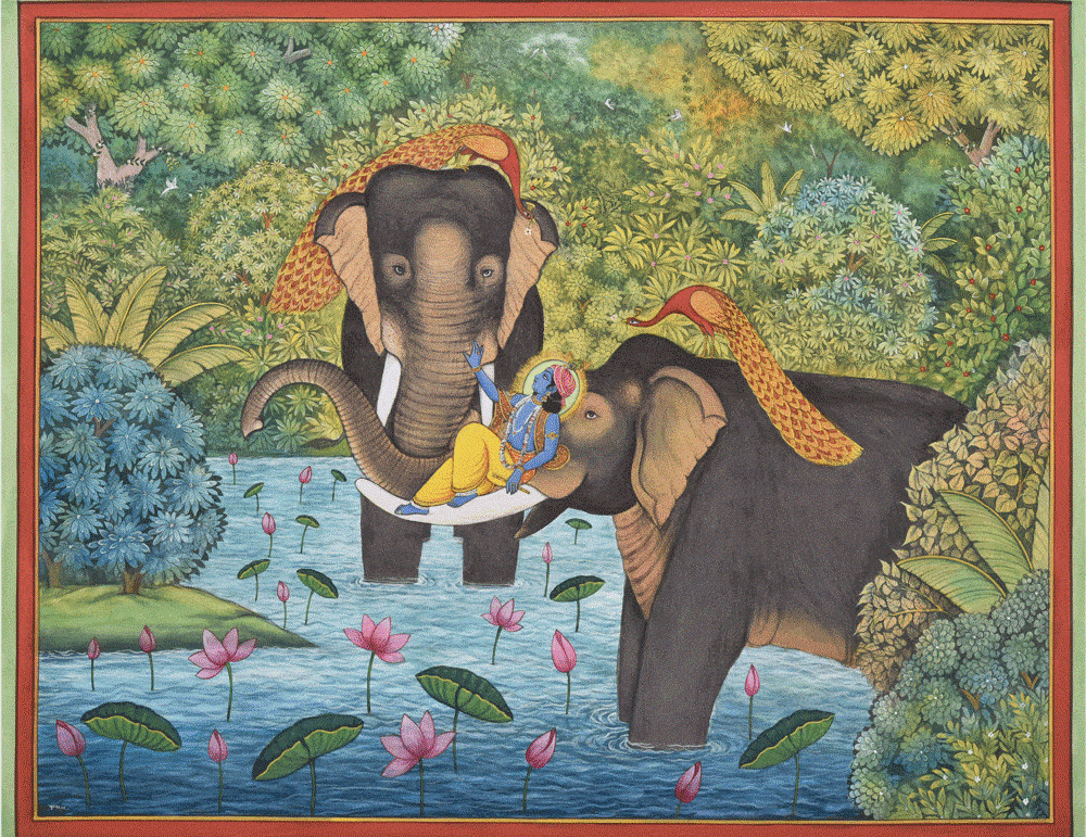 Krishna joyfully playing with elephants in a Pichwai painting