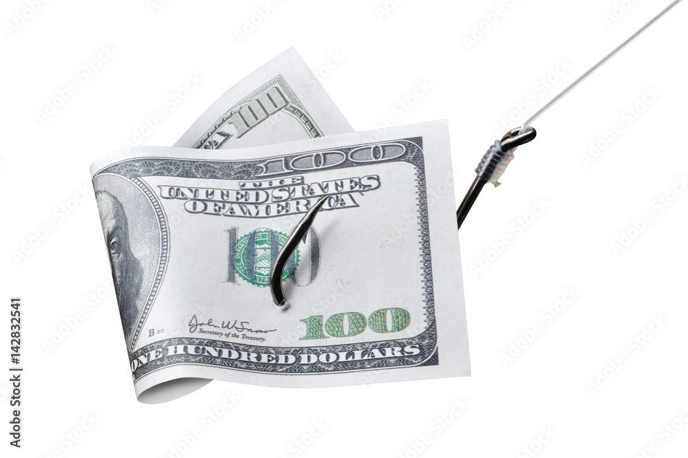 A one hundred dollar bill, folded loosely in half, is impailed by and suspended from a fish line and hook.