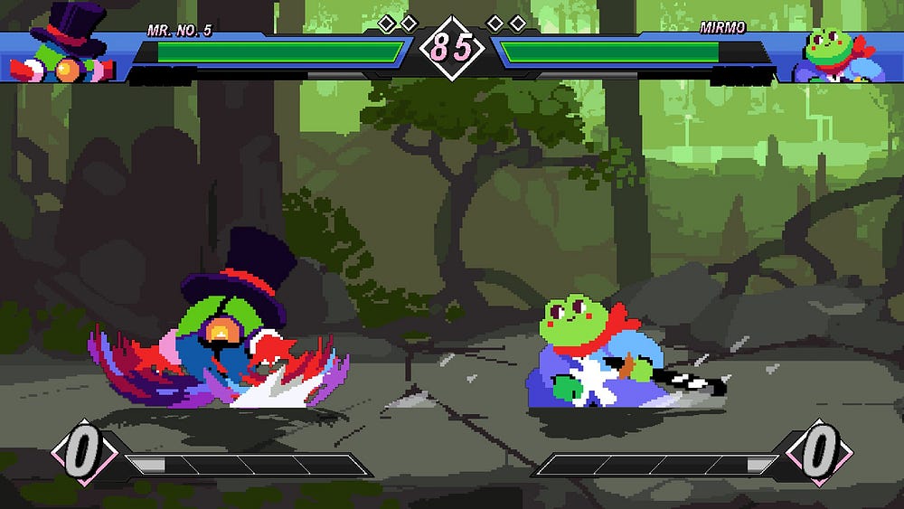 This picture shows the robotic character Mr. No. 5 running away from the frog samurai Mirmo.
