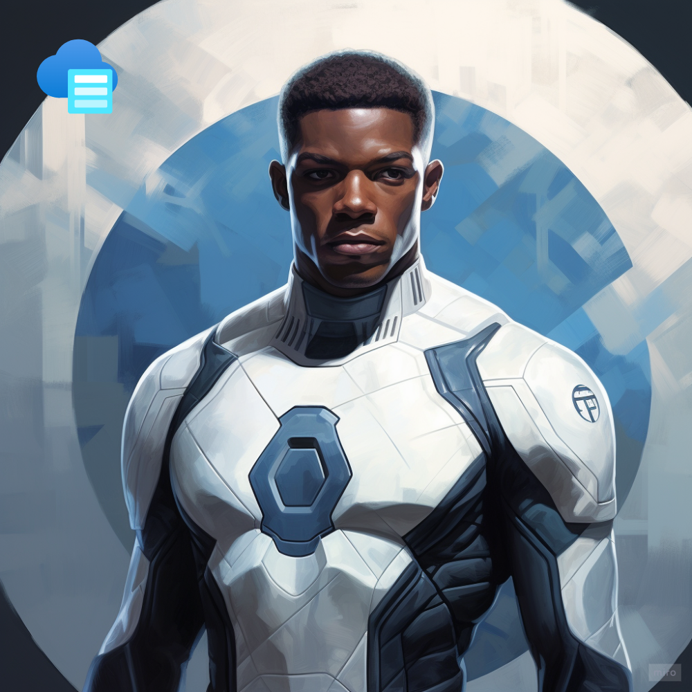 superhero, fortified and heavy costume with blues and whites colors, a black ‘hexagon shape’ symbol on the chest, athletic, robust, secure, portrait, ultrarealistic