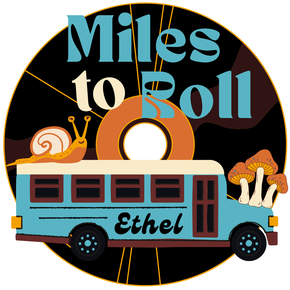 Logo featuring a blue school bus with the name “Ethel” on the side and the title “Miles to Roll” on the top.