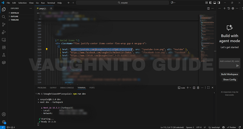 Next.js landing page showing clickable icons that lead to YouTube, TikTok, and other creator platforms.