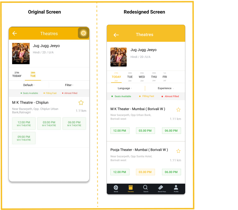 This image includes two screens the original and redesigned select theatre screen of the TicketNew app.