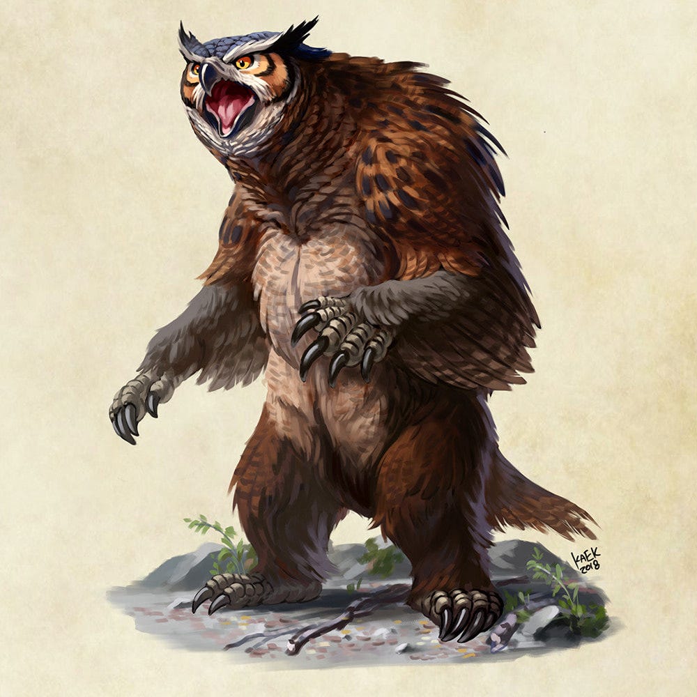 An “owlbear,” a fantasy creature that appears to be a grizzly bear, covered in feathers, with an owl’s face and claws.