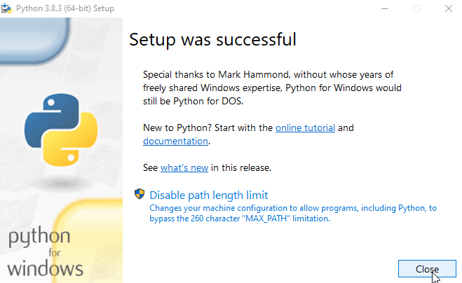 Python setup was successful
