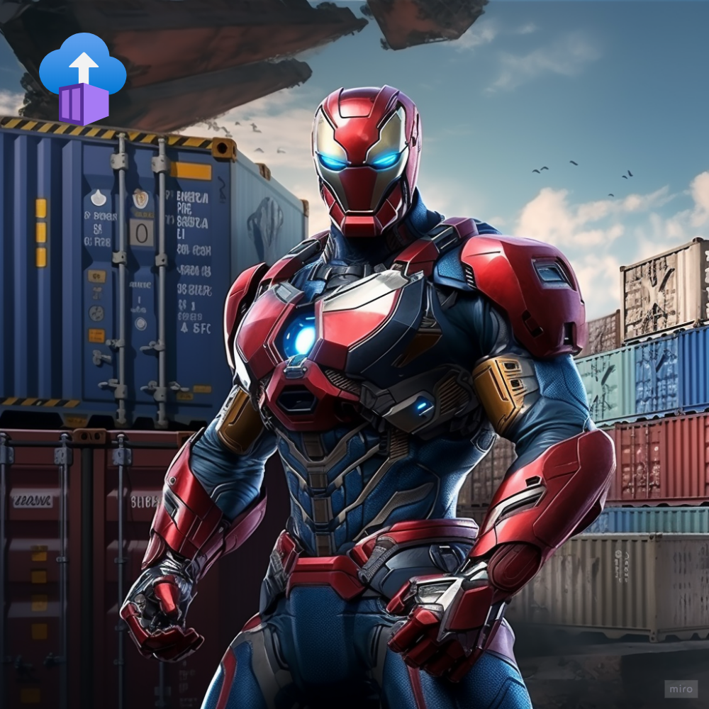 superhero, docker style, containers and wharf on the background, strong, red and blue armored suit, ship’s wheel symbol on the chest, portrait, ultrarealistic