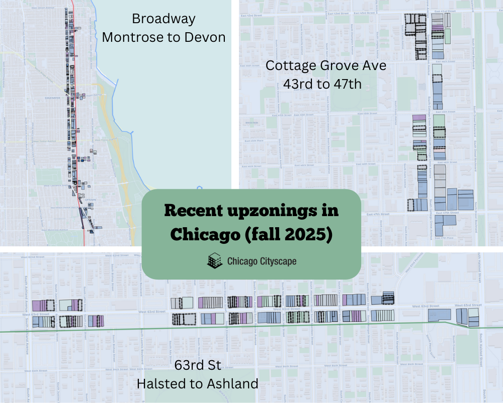 map of the three areas that were upzoned; Broadway in the top-left; Cottage Grove in the top-right; and 63rd St in the bottom half.