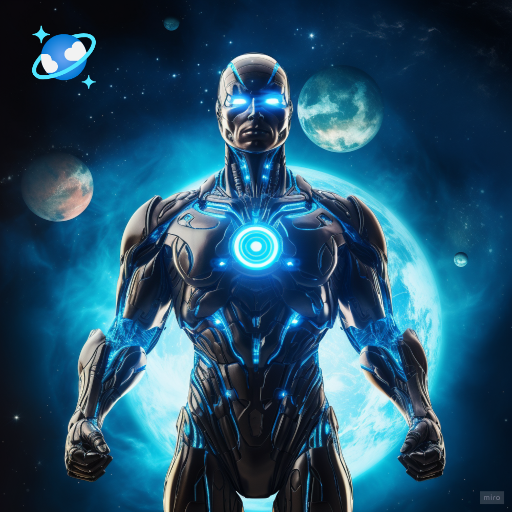 superhero, cosmos keeper, space-themed suit, eyes pulse with a bright blue light, planet symbol on the chest, cosmos background, portrait, ultrarealistic
