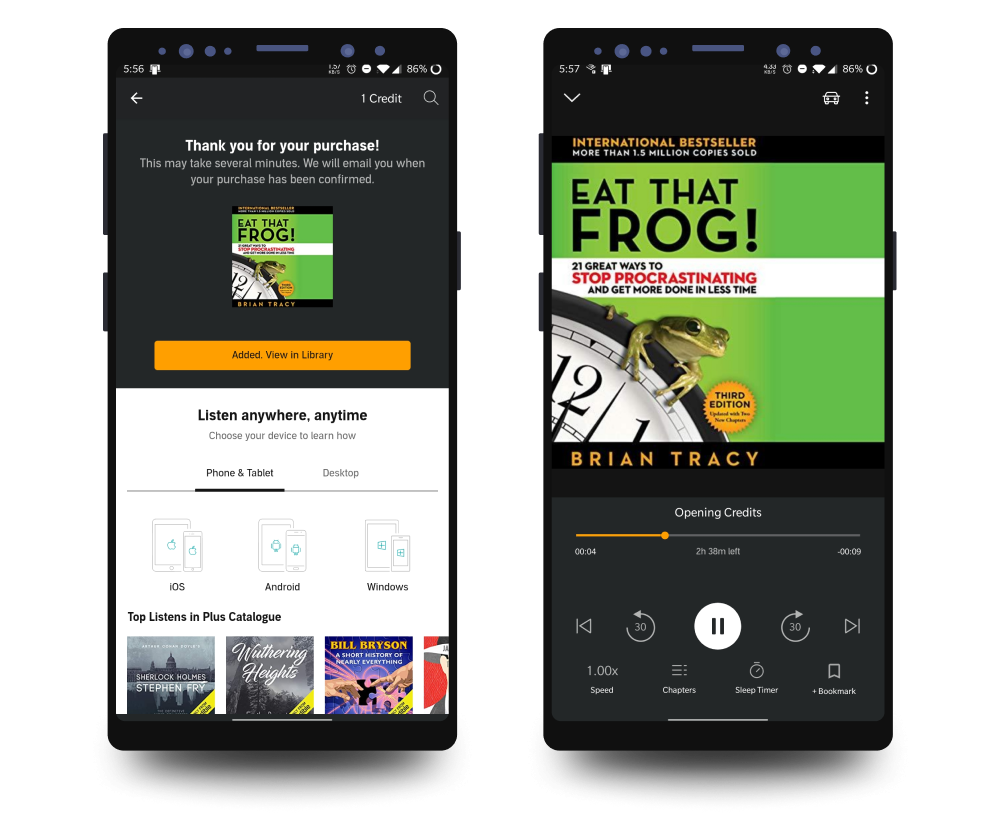 Mobile screenshots of audible app, while playing the audio book