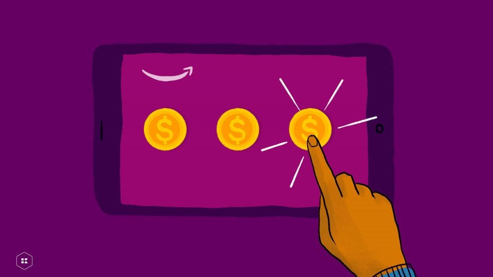 Phone screen featuring a row of coins and an Amazon logo with a hand making a selection to suggest conversion rate.