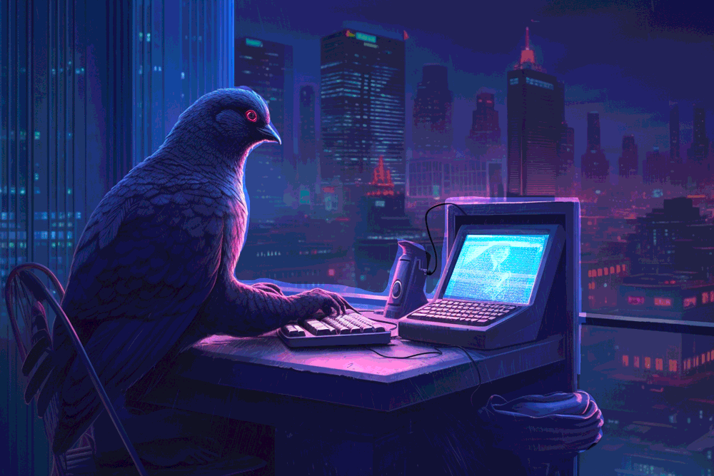 A pigeon illuminated by a flickering computer screen at night. Outside the window, a large futuristic metropolis. Blue and pink cast light, in the style of Blade Runner
