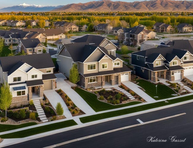 Aerial view of a growing community of modern and sleek homes with spacious yards and stunning mountain views, located in the idyllic town of Kaysville, UT. Image created by Katerina Gasset REALTOR®, SFR, MRS, and Tristan Gasset, REALTOR®, PSA, MRS ~ Mother and Son Real Estate Team at The Gasset Group in Utah ~Brokered by eXp Realty