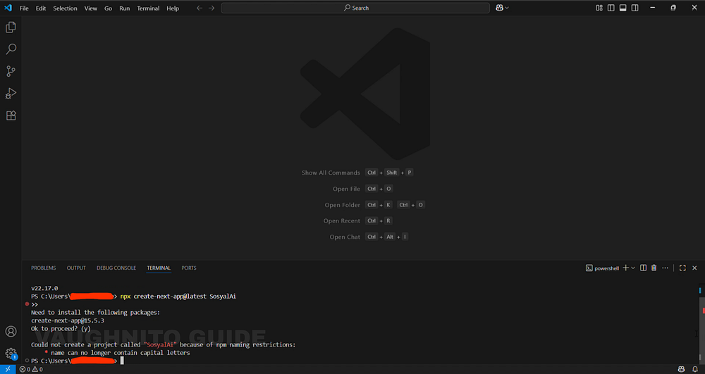 Developer running npm install command to set up Next.js environment for SosyalAi automation app.