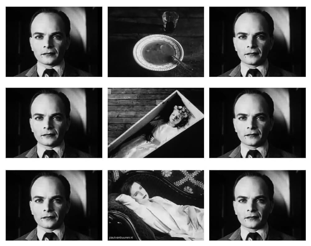 The Kuleshov Effect: 1910 experiment showing a sequence of three images: image of man, a bowl of soup, image of man again , then same image of man bookending image of dead child in coffin, and a lady on a daybed— this to show how viewers infer their own meaning to the emotional state of the man at end of each sequence: no longer hungry, sad, and aroused.