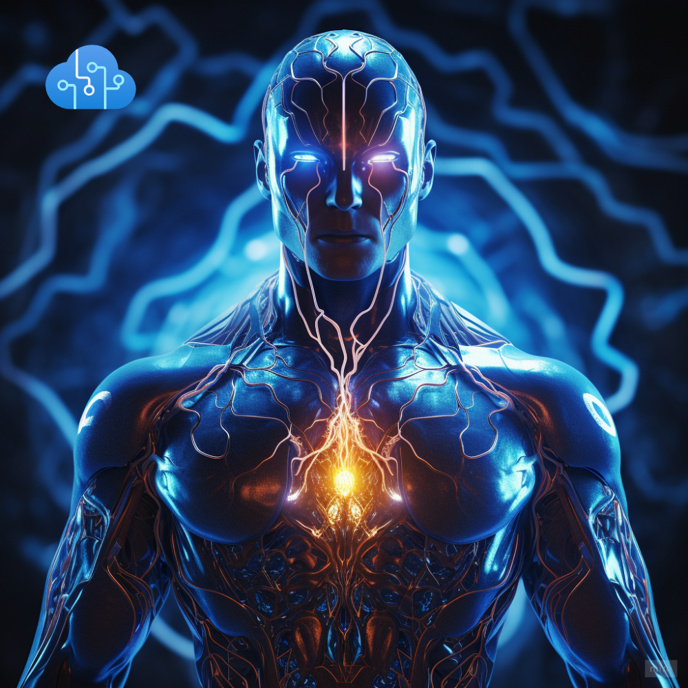 superhero, robot, oracle, predictive power, glowing blue, neon suit, neuron network symbol on the chest, portrait, ultrarealistic