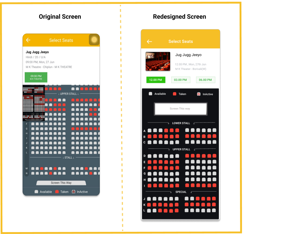 This image includes two screens the original and redesigned select seats screen of the TicketNew app.