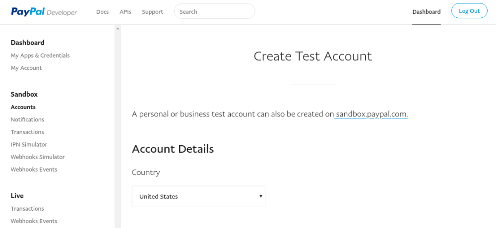 Dashboard of PayPal Sandbox account