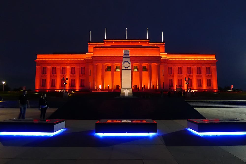 Auckland War memorial building lit for ANZAC Day
