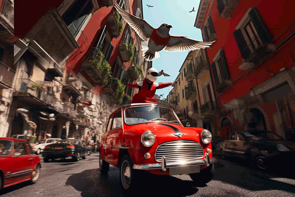 A red mini with a person on top of the roof chasing a pigeon