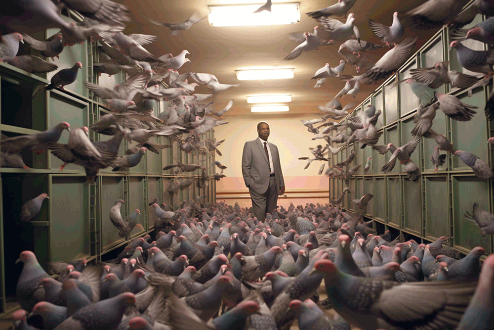A man standing in a hallway full of pigeons flying about.