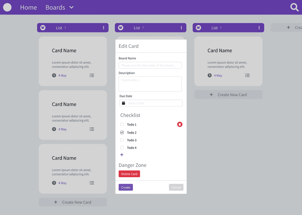 exemplo de kanban em colunas com 4 cards fechados e 1 aberto para editar os campos