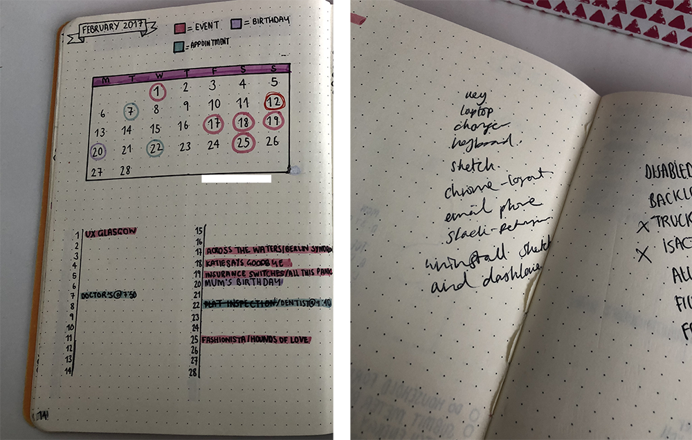 Photographs of my bullet journal looking very neat at the beginning of the year vs. looking messy at the end of the year.