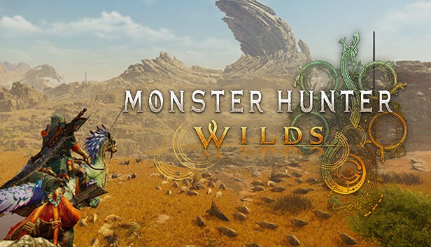 Face à un grand désert, une mystérieuse personne armée d'une grande épée se dresse sur sa monture issue d'un monde fantastique. Le titre du jeu 'monster hunter wilds' est écrit sur l'image.