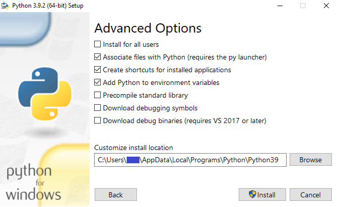 Python Setup Advanced Options