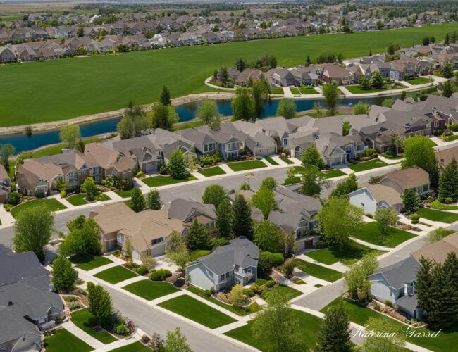 Aerial view of a neighborhood near Hill Air Force Base with tree-lined streets, where the homes have large yards and are painted in neutral colors, all located within a short distance of HAFB in Utah. Photo by Katerina Gasset owner of the Utah Military Relocation website