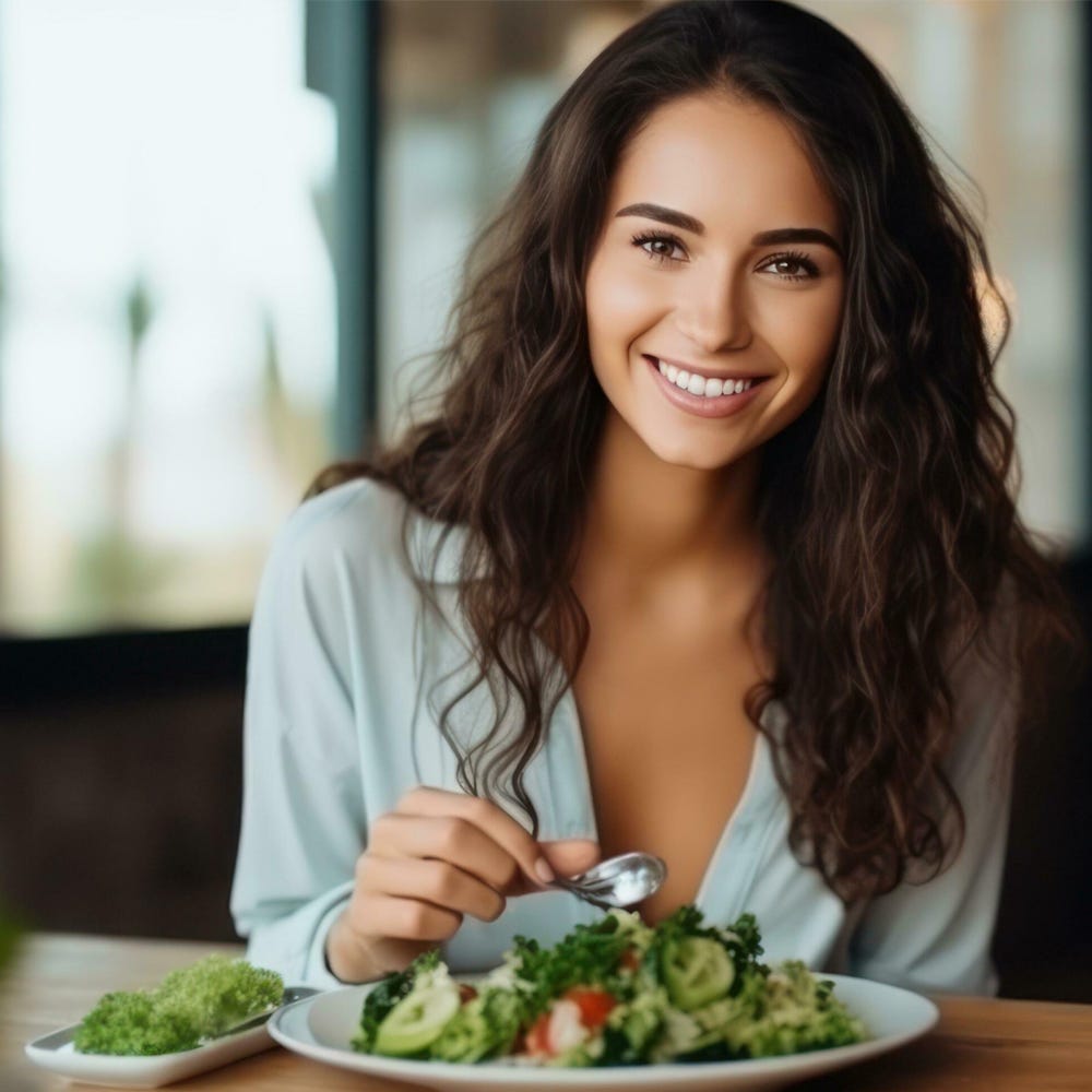 A happy smiling girl sitting with nutritional food.