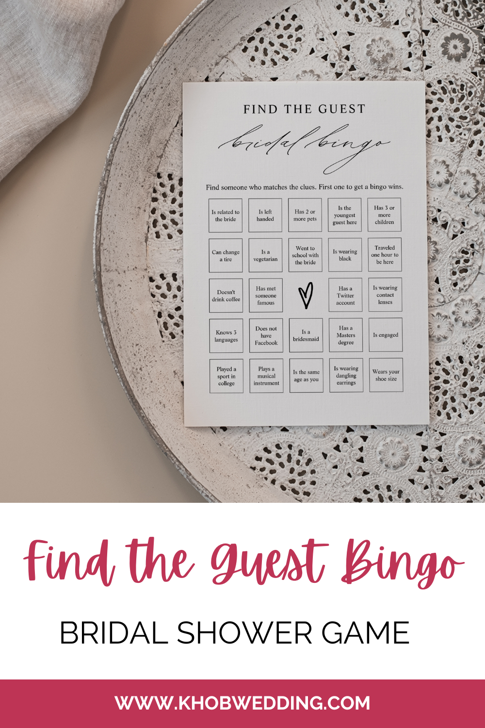 Find the Guest Bingo Bridal Shower Game Pin Image