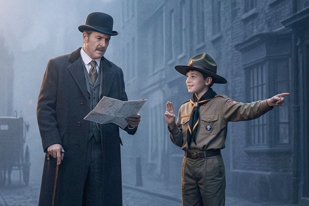 Close up of AI-generated photo in a foggy Victorian London street at dusk. The well-dressed gentleman in the bowler hat and grey suit, stands on a cobbled street, looking down at a map he is holding. He has a walking stick. Next to him stands a young boy of about twelve, in a crisp, correct period Boy Scout uniform with a scout hat. The boy is pointing down the street with his other hand.