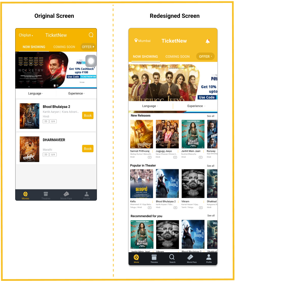 This image includes two screens the original and redesigned home screen of the TicketNew app.