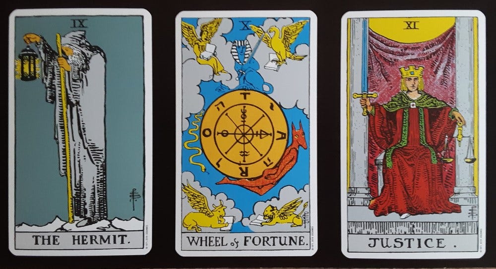 Three tarot cards on a black background: The Hermit, Wheel of Fortune, and Justice