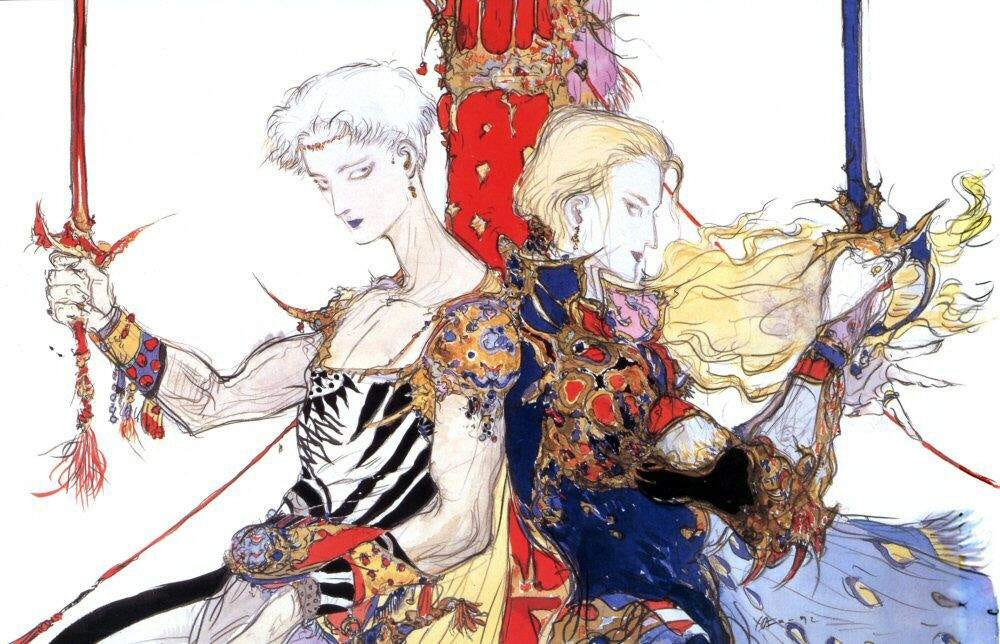 Ilustração por Yoshitaka Amano. Bart e Faris, de Final Fantasy V, segurando espadas de costas um pro outro.