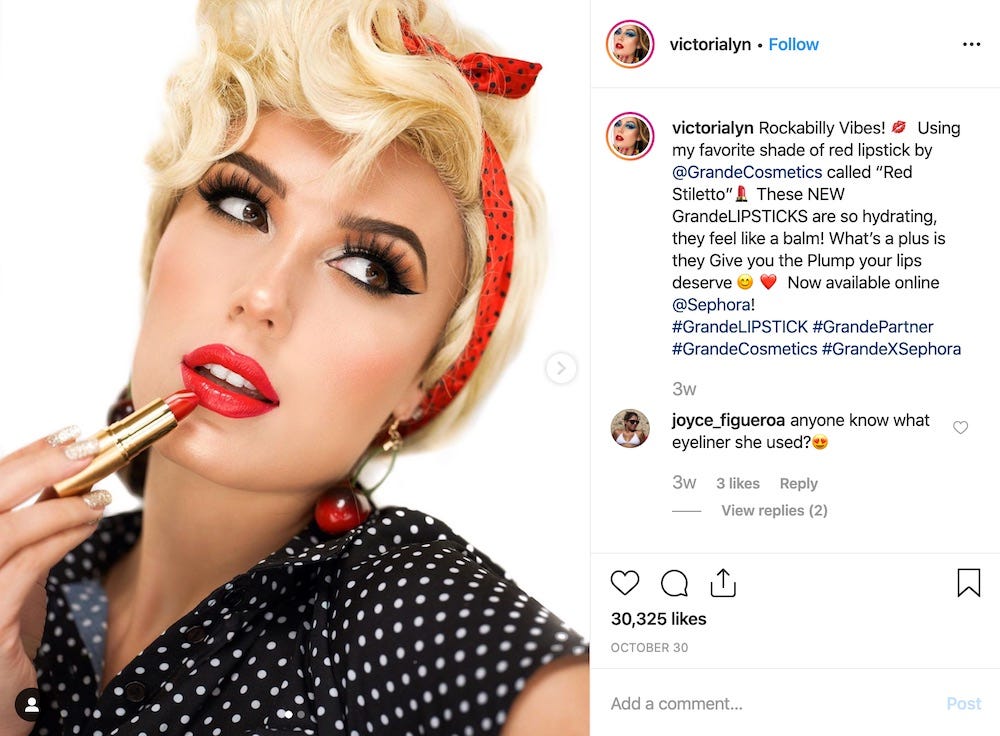 The sponsored post by influencer @victorialyn for brand Grande Cosmetics.
