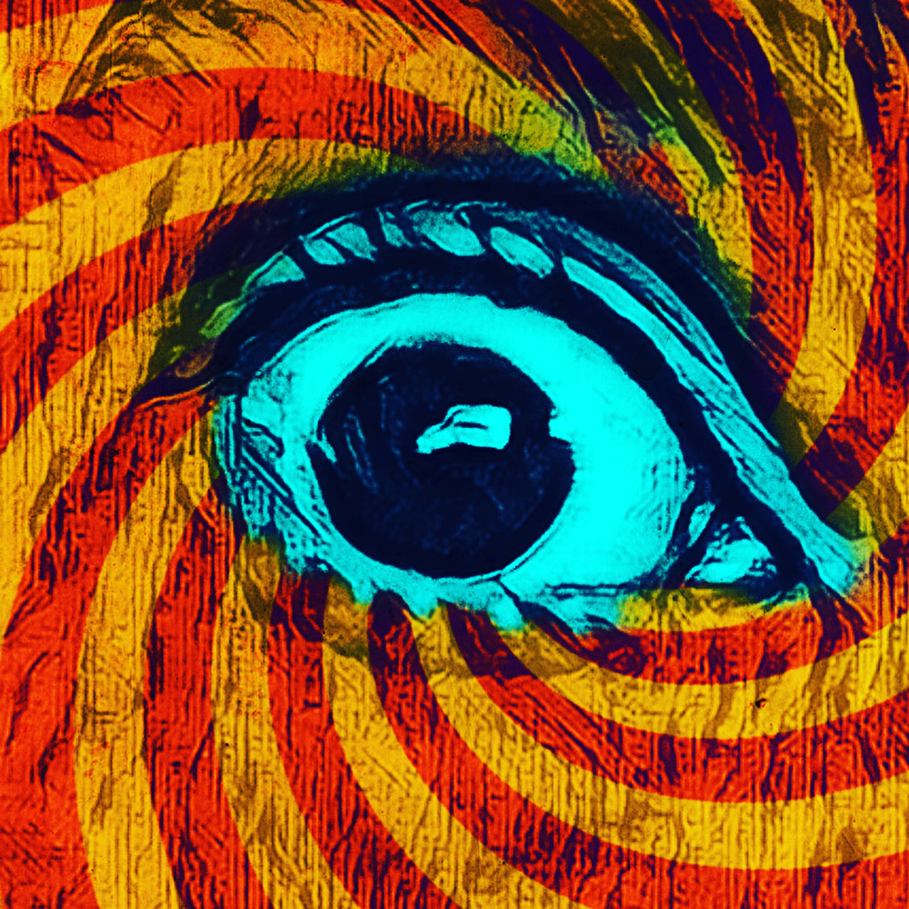 A colorful draw of an opened eye at the center of a spiral.