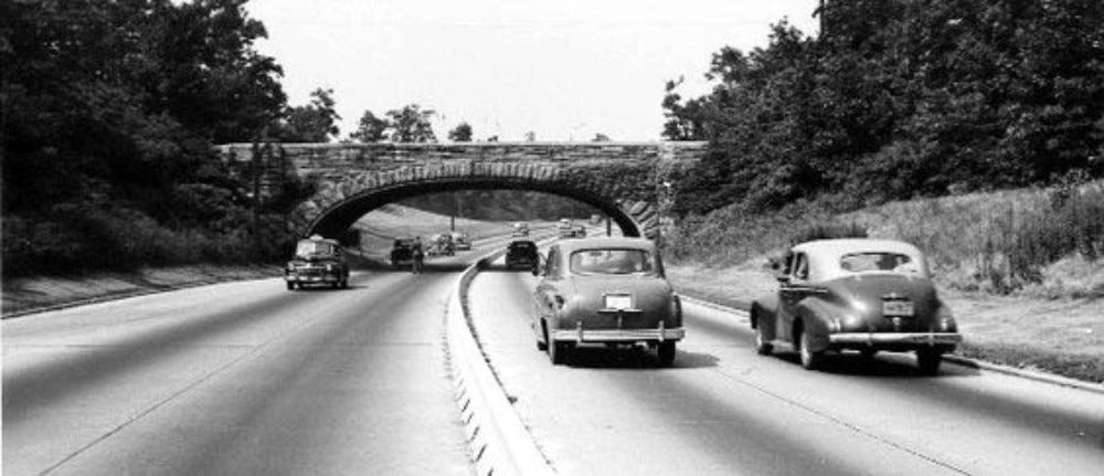 A low overpass on Northern State Parkway, 1950