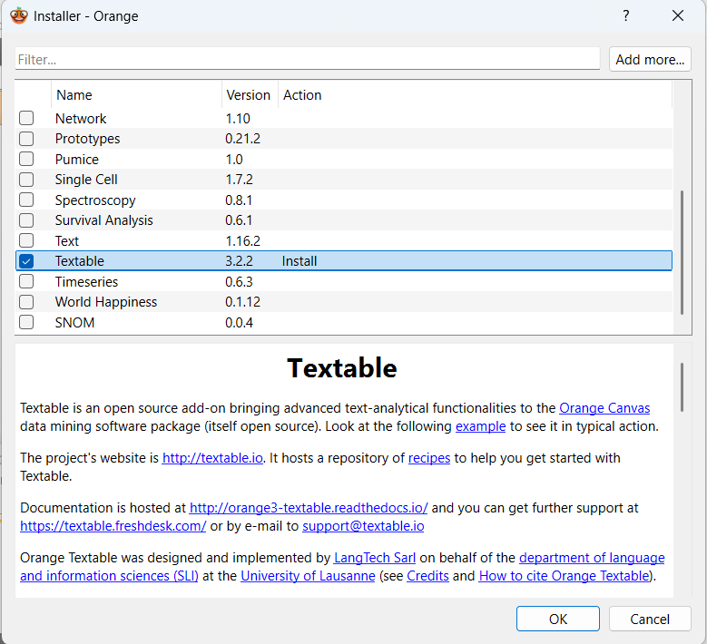 Orange Data Mining: Install the Textable Add-On