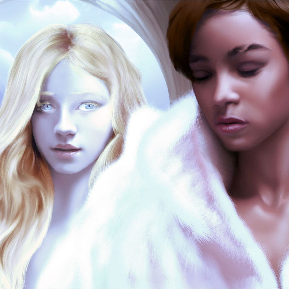 fantasy setting with very pale young woman in the background, older dark-skinned woman in the foreground both in white fur with a mountain behind