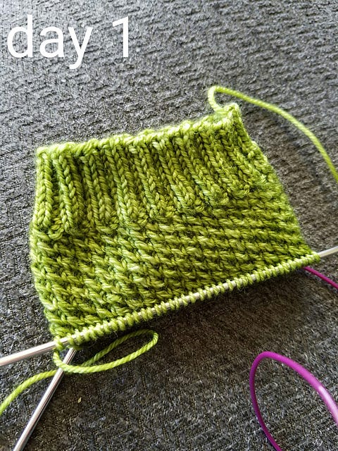 Cuff and part of a green sock with all-over cables and the caption 