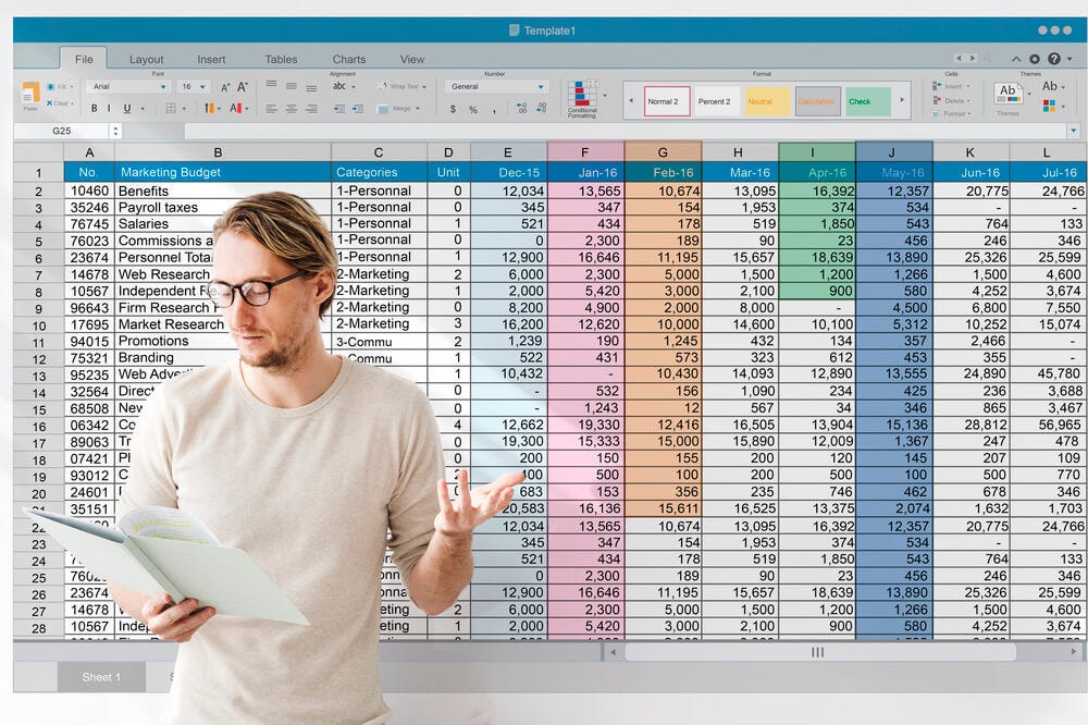 a man standing and reading a folder with paper inside. the background shows an excel sheet with marketing budget, categories, units, and dates per month as columns. the excel sheet helps businesses track their marketing expenses and monitor the success of their marketing campaigns. by analyzing the data, businesses can make informed decisions about their marketing strategy and optimize their spending to maximize their return on investment.